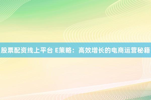 股票配资线上平台 E策略：高效增长的电商运营秘籍